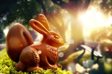 Fototapeta na wymiar Small chocolate bunny sitting on green forest