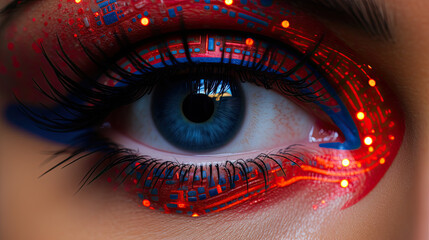 Closeup of a human eye with red and blue circuitry patterns overlaid suggesting a futuristic or cybernetic theme