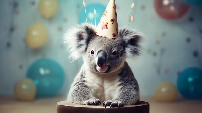 Funny koala bear with birthday party hat on background