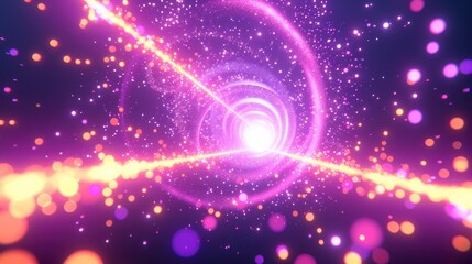 Fototapeta premium Purple neon geometric world with glowing icosahedrons, dots, stars, particles, rings, and light streaks effects. rendering.