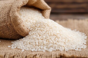 Rice in sack. Grain of rice after harvest