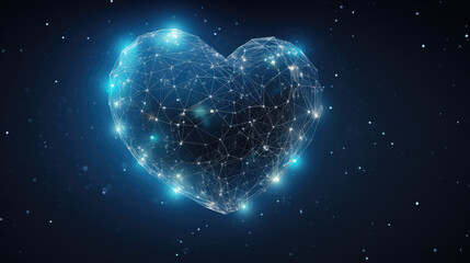 Naklejka na ściany i meble A digital 3D heart composed of interconnected lines and dots glowing with blue light against a starry dark background