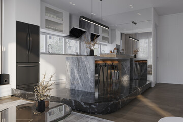 The sleek and functional design of an apartment's kitchen, with granite countertops