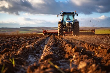 Tractor with plow working soil of agricultural field