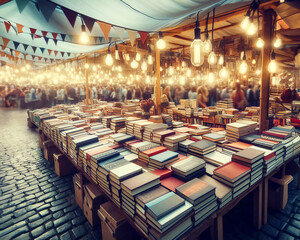 Perfectly organized books in a fair during a cultural event. Digital art.