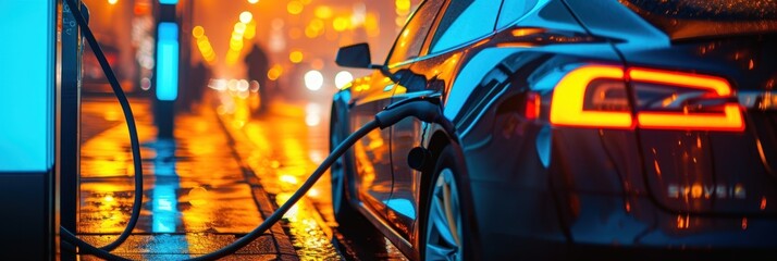 Electric car is charged at night with a reflection of city lights