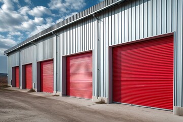 Storage units with roller shutter doors in industrial area