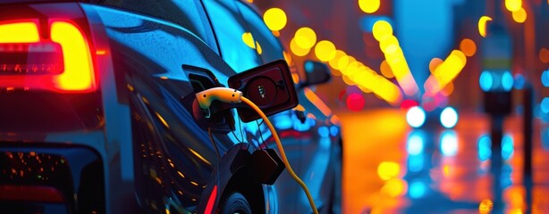 Electric car is charged at night with a reflection of city lights