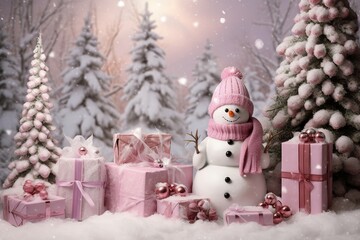 illustration of snowman wearing a pink hat and a pink scarf, Generative ai