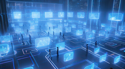 A futuristic virtual space with silhouettes of people interacting with holographic displays and glowing blue digital patterns