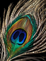 Macro shot capturing the intricate details of a peacock feather.
