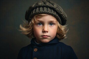 Portrait of a little boy in a knitted hat. Studio shot.