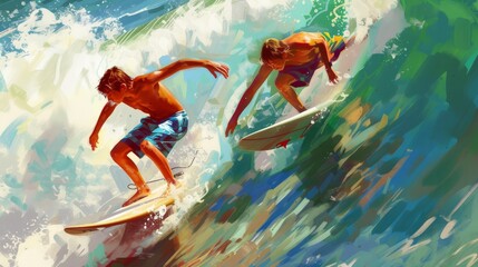 Two excited teenage boys surfing the waves on the beach, oil painting - obrazy, fototapety, plakaty