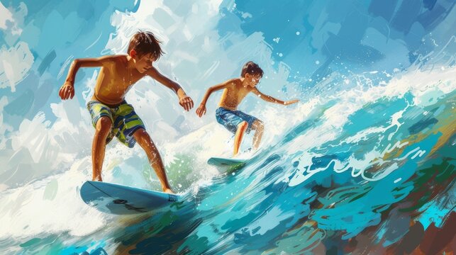 Two excited teenage boys surfing the waves on the beach, oil painting