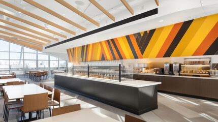 Modern cafeteria interior with vibrant accent wall wood ceiling beams and welllit serving station with comfortable seating area