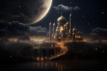 surreal night landscape with a mosque on a hill on the background of the sky with a big moon - obrazy, fototapety, plakaty