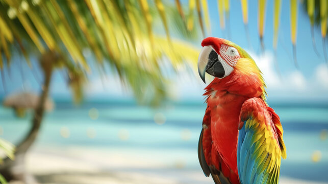 Selective focus red and blue macow parrot bird on the beach with sea background. Colorful big Macaw parrot at the beach. Closeup colorful bright parrot on beach at tropical island