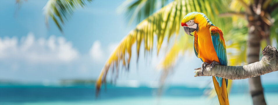 Selective focus red and blue macow parrot bird on the beach with sea background. Colorful big Macaw parrot at the beach. Closeup colorful bright parrot on beach at tropical island
