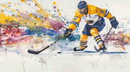 Hockey player in action, colorful paint splash in white background, watercolor abstract Illustration.