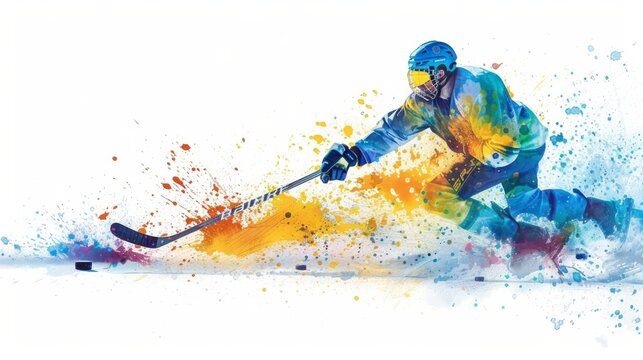 Hockey player in action, colorful paint splash in white background, watercolor abstract Illustration.