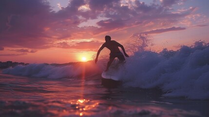 Silhouette of a young man surfing the waves at the beach at sunset