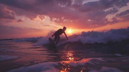 Silhouette of a young man surfing the waves at the beach at sunset - obrazy, fototapety, plakaty