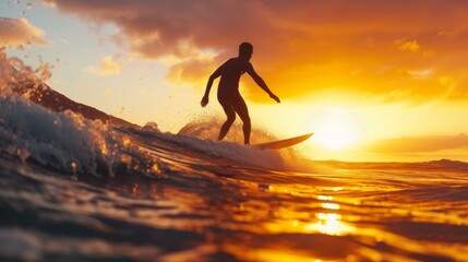Silhouette of a young man surfing the waves at the beach at sunset - obrazy, fototapety, plakaty