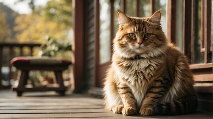 A cat sitting on a wooden deck. Generative AI.
