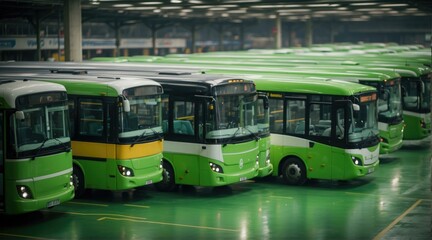 A row of green and white buses in a depot. Generative AI.
