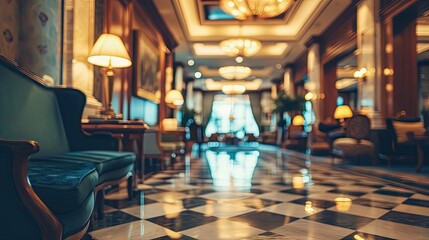 Abstract blur and defocused hotel lobby lounge interior for background, classic style - obrazy, fototapety, plakaty