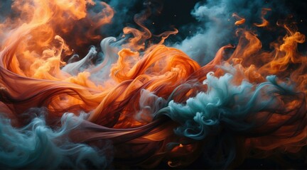 A painting of orange and blue smoke. Generative AI.
