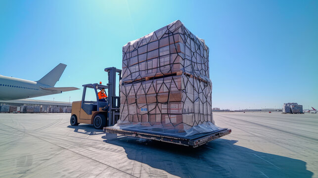 Forklift Loading Cargo Pallet onto Aircraft at Sunny Airport Tarmac