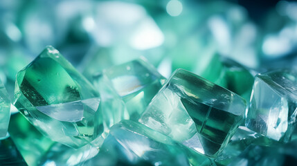 Background with mint colored crystals. Mint colored glass crystals with reflections of light. Abstract background with bokeh effect. AI generative