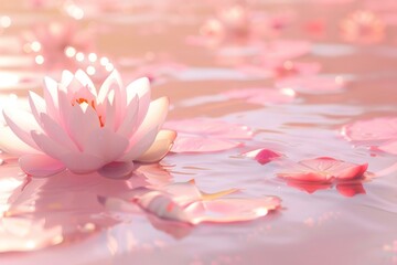 serene pink lotus flower blooms gracefully on the surface of a still pond, surrounded by lush green leaves