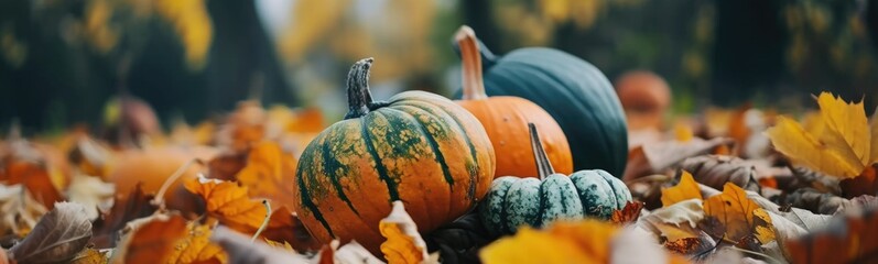 Many pumpkins that are sitting in the leaves. Autumn background. Banner - obrazy, fototapety, plakaty