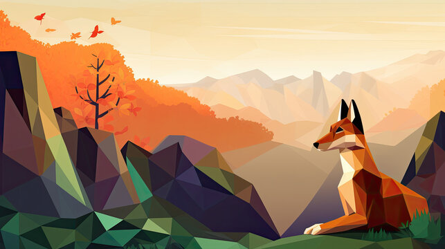 A stylized image of a fox in a geometric landscape with mountains autumn trees and birds at sunset