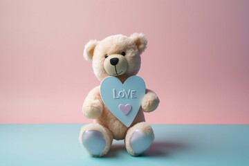 Cute teddy bear holding heart in playful pastel colors, with 'I love you' in a soft and charming Pixar style. Generative AI