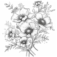 Anemone flowers. Coloring page. Black and white vector illustration in engraving style.
