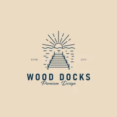 Foto op Plexiglas wood docks line art logo, pier logo simple with sunset vector icon illustration design © CAH_YOU