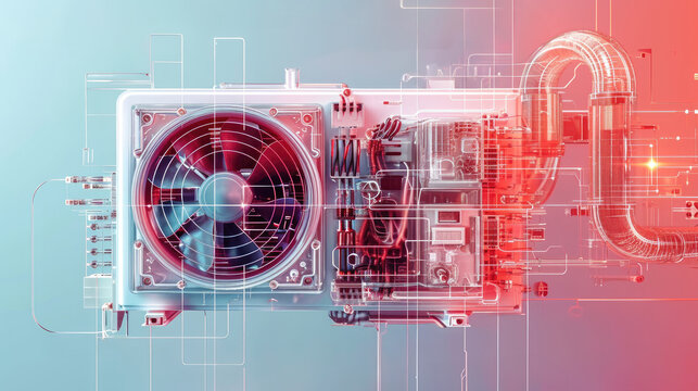 Transparent schematic view of air conditioning unit parts and circuitry