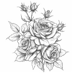 Illustration of a bouquet of roses in black and white. Coloring page.
