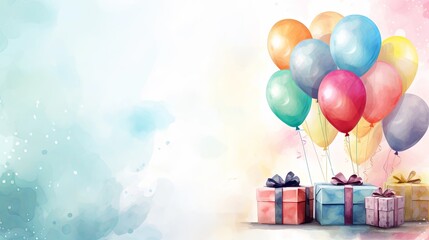 birthday balloons with birthday gifts on watercolor background