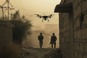 Soldiers use a drone - obrazy, fototapety, plakaty