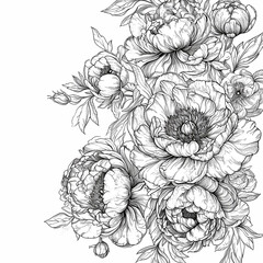 Fototapeta premium Seamless pattern with peony flowers. Coloring page. Hand drawn vector illustration.