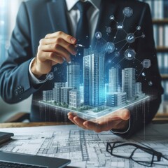 Businessman Holding Holographic City Model with Network
