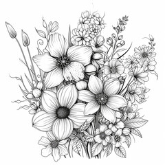 Hand drawn bouquet of flowers. Coloring page.  Black and white vector illustration.