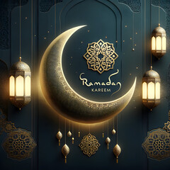 Ramadan Kareem: Tranquil Night Adorned with Glittering Crescent and Illuminated Arabesque Lanterns