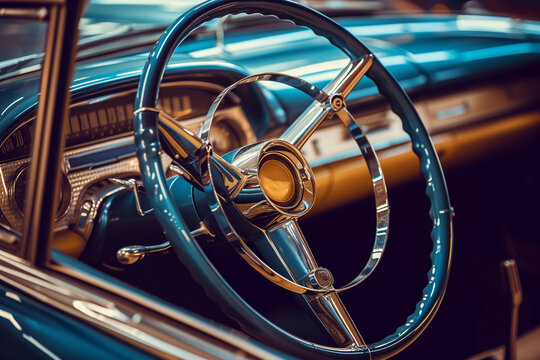 the steering wheel of a retro car