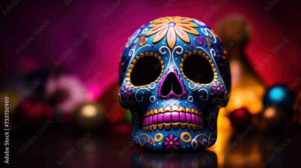 Poster a colorful skull is sitting on a table with other skulls, ai