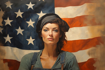 vintage illustration of blue collar woman in front of american flag
